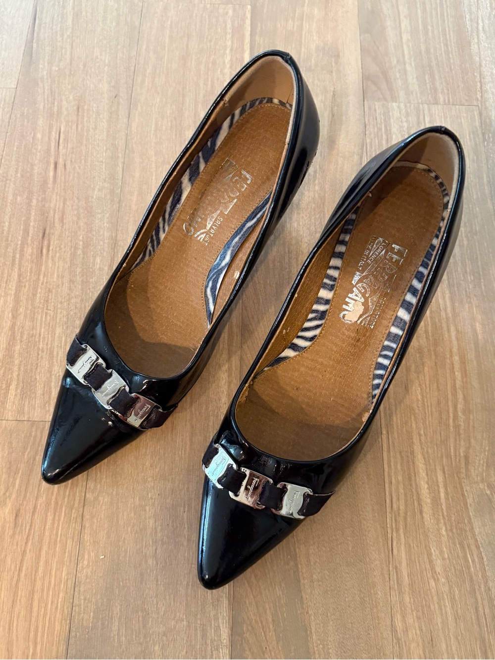 Salvatore Ferragamo Black Patent Pointed-Toe Flats with Silver Buckle